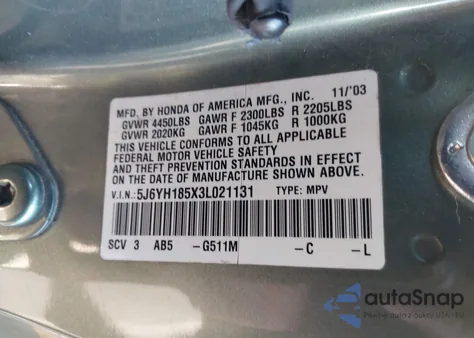2003 Honda Element Ex z USA, uszkodzony, nr VIN 5J6YH185X3L021131